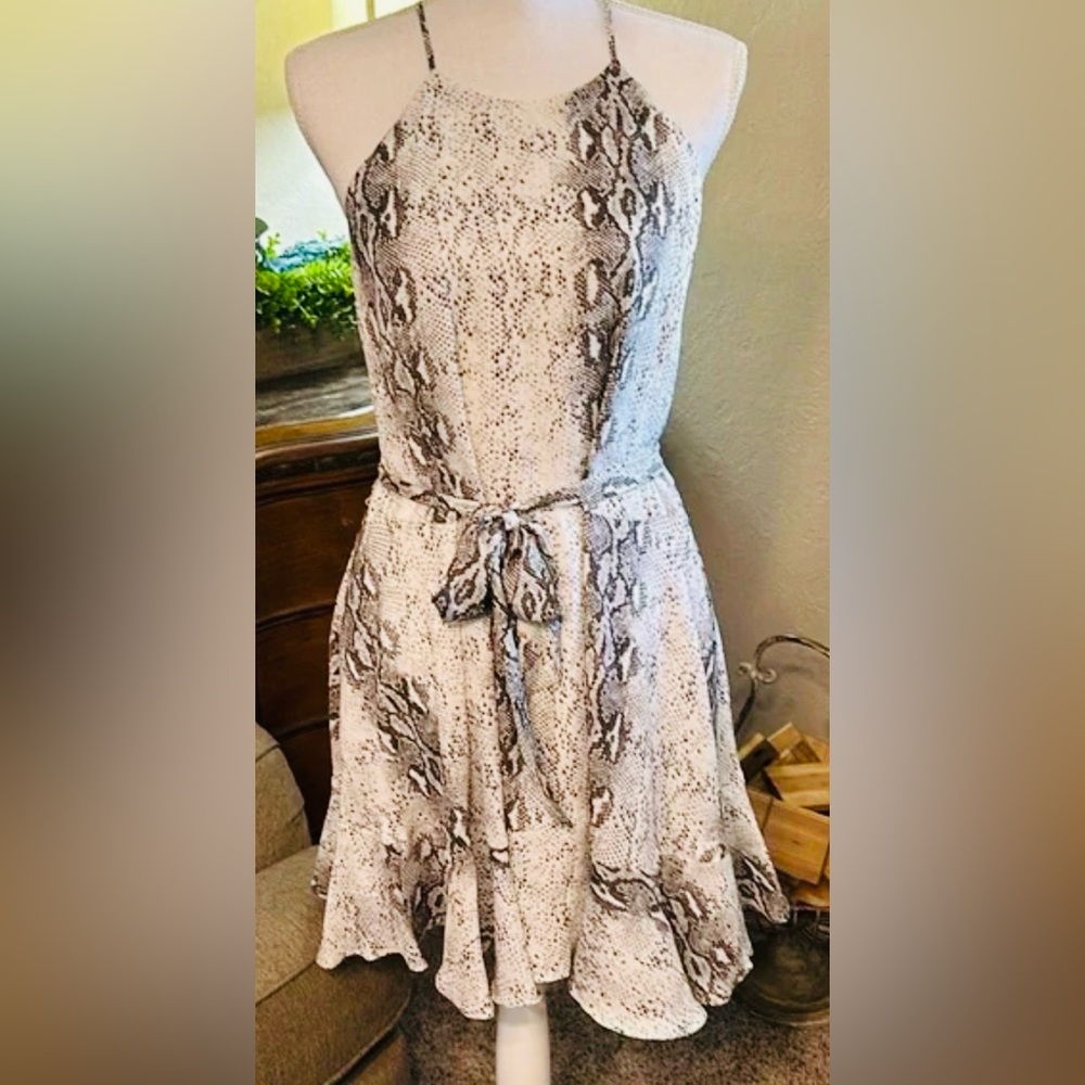 Neutral Snake-Print Halter Mini Dress with Tie Waist
